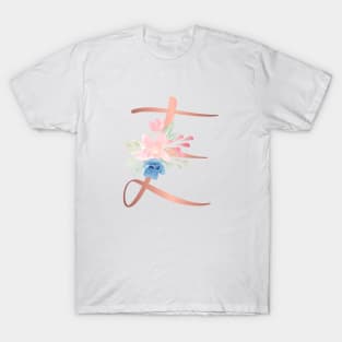 Letter E Rose Gold and Watercolor Blush Pink and Navy T-Shirt